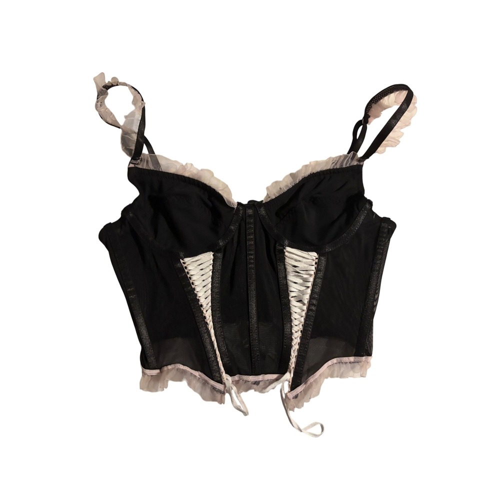 Spencer's Corset Top Goth Black Pink Lace Up Ruffle Trim NWT Small